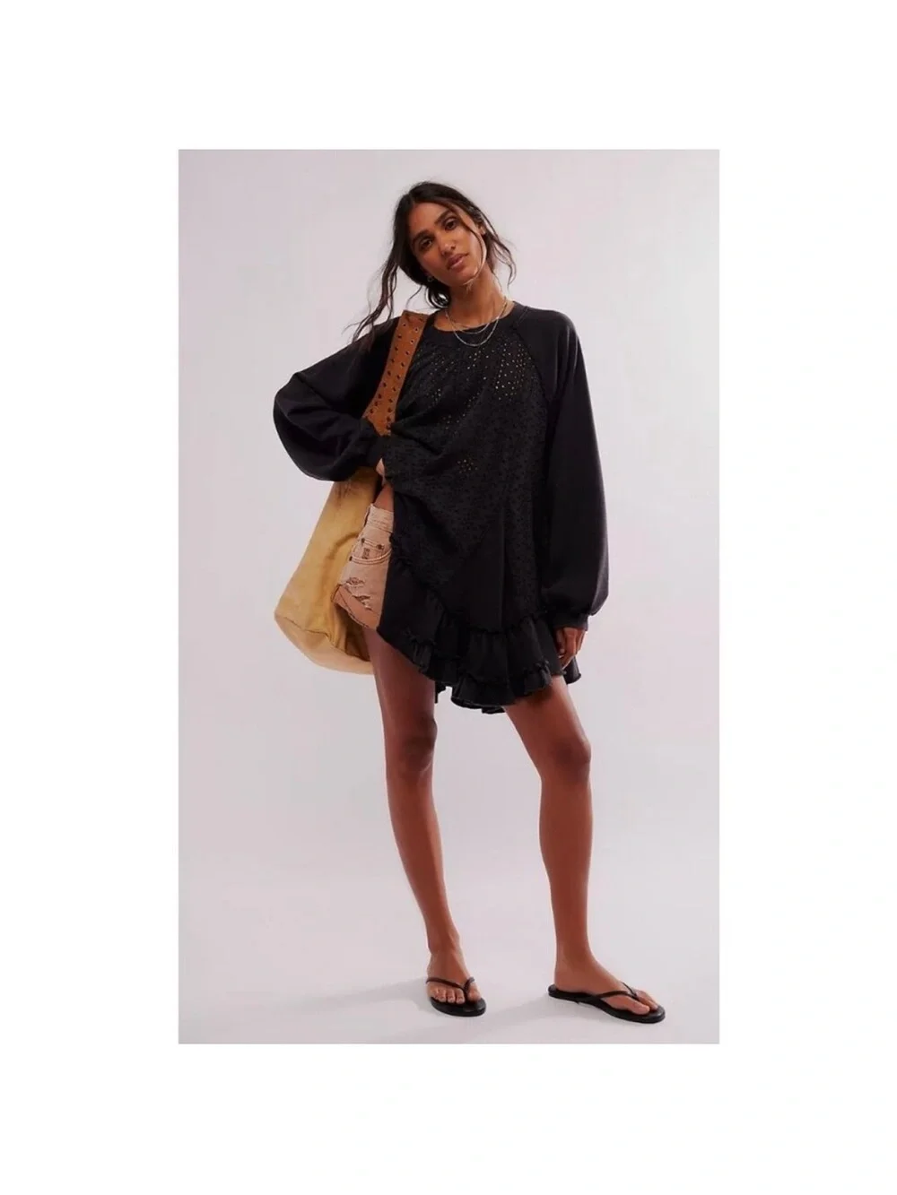 Free People Eva Black Eyelet Ruffle Hem Oversized  Boho Mini Dress Size Medium